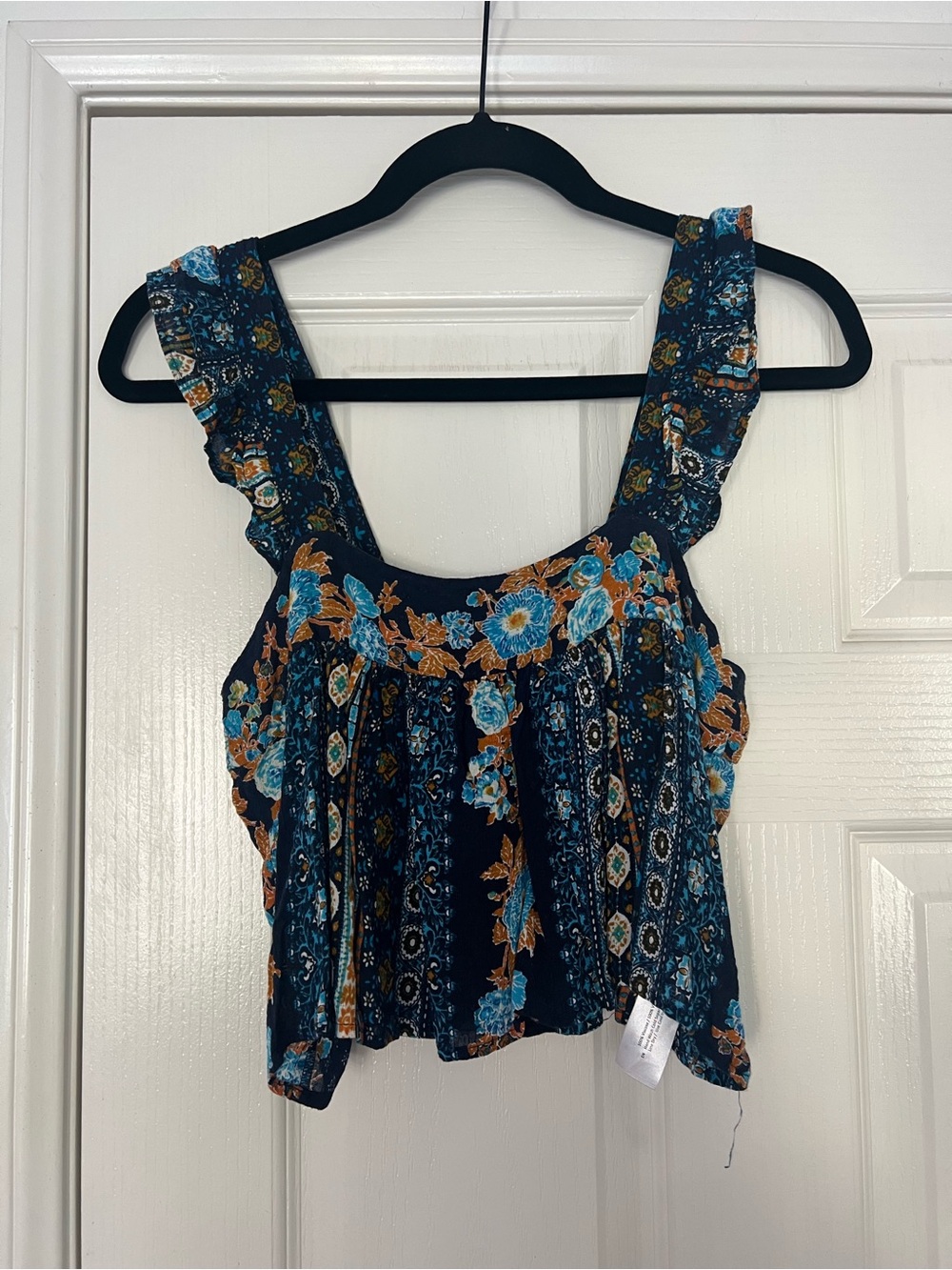 Bohemian Floral Ruffle Strap Crop Top - Navy Floral